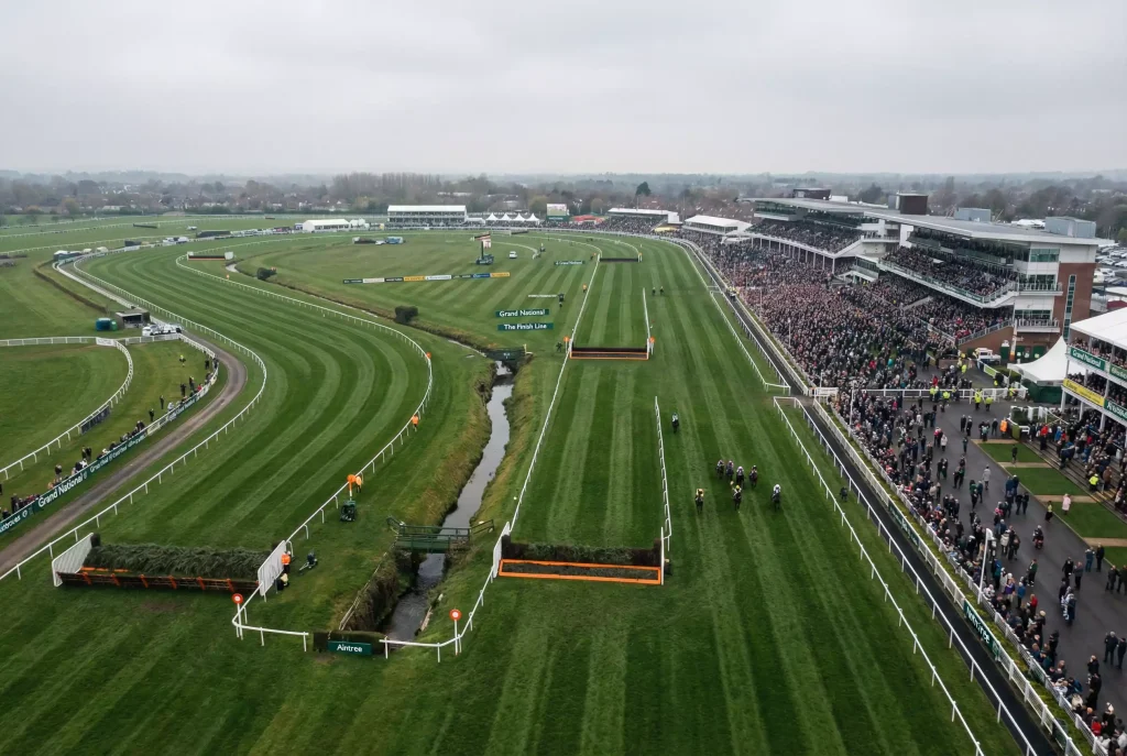 Aerial view of Aintree Racecourse showing the Grand National course layout