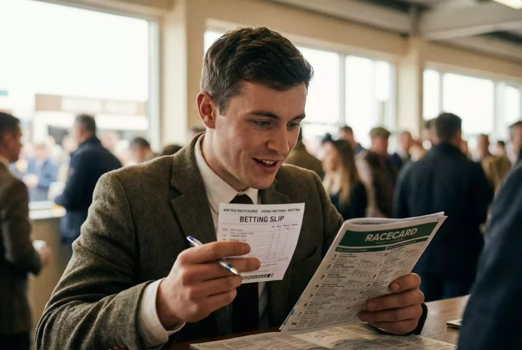 Beginner placing first bet on Grand National at a bookmaker
