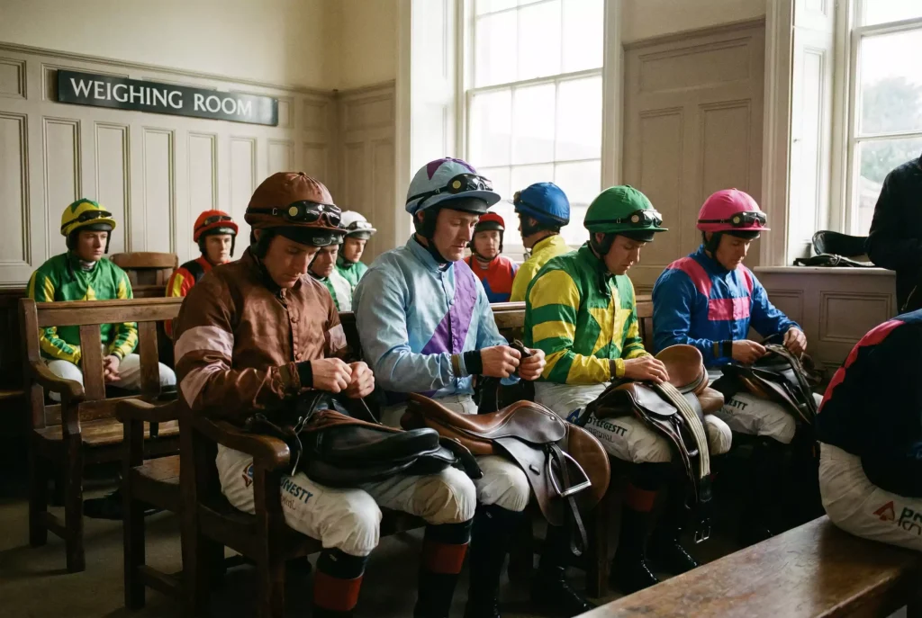 Grand National jockeys racing over Aintree fences